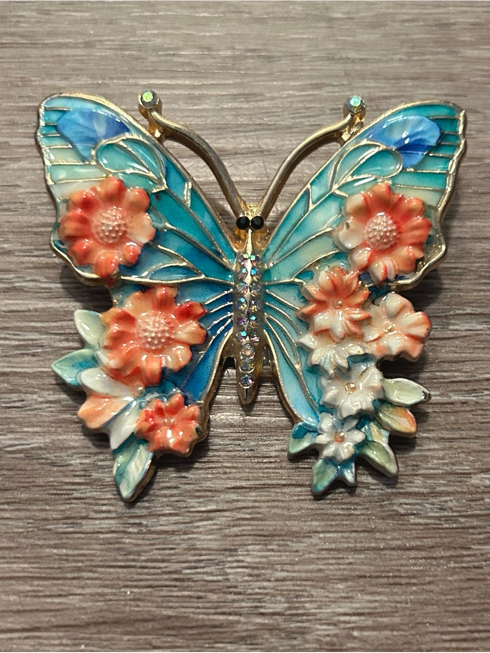 Floral Butterfly Enamel Brooch in Turquoise and Coral